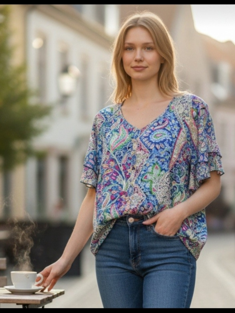 SHEIN Multicolor Paisley V-Neck Flutter Sleeve Top - Blue Mix